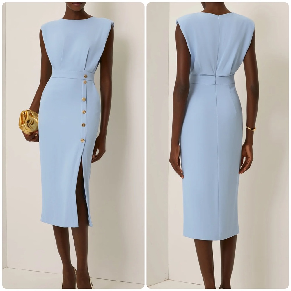 NWT Fehaute Side Slit Crew Neck Sleeveless Sheath Midi Dress Sz 2 Light Blue